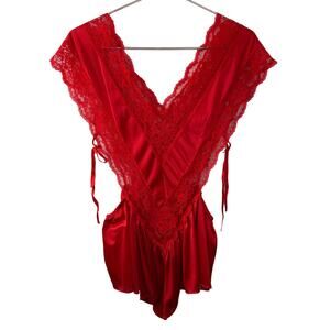 Vintage Teddy Bodysuit Red Cut Out Sides Lace Floral Drawstring Deep V-Neck O/S